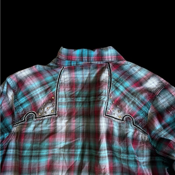 Wrangler Rock 47 Shirt Women Med Blue Red Plaid Metallic Western Rhinestone Snap - Picture 5 of 8